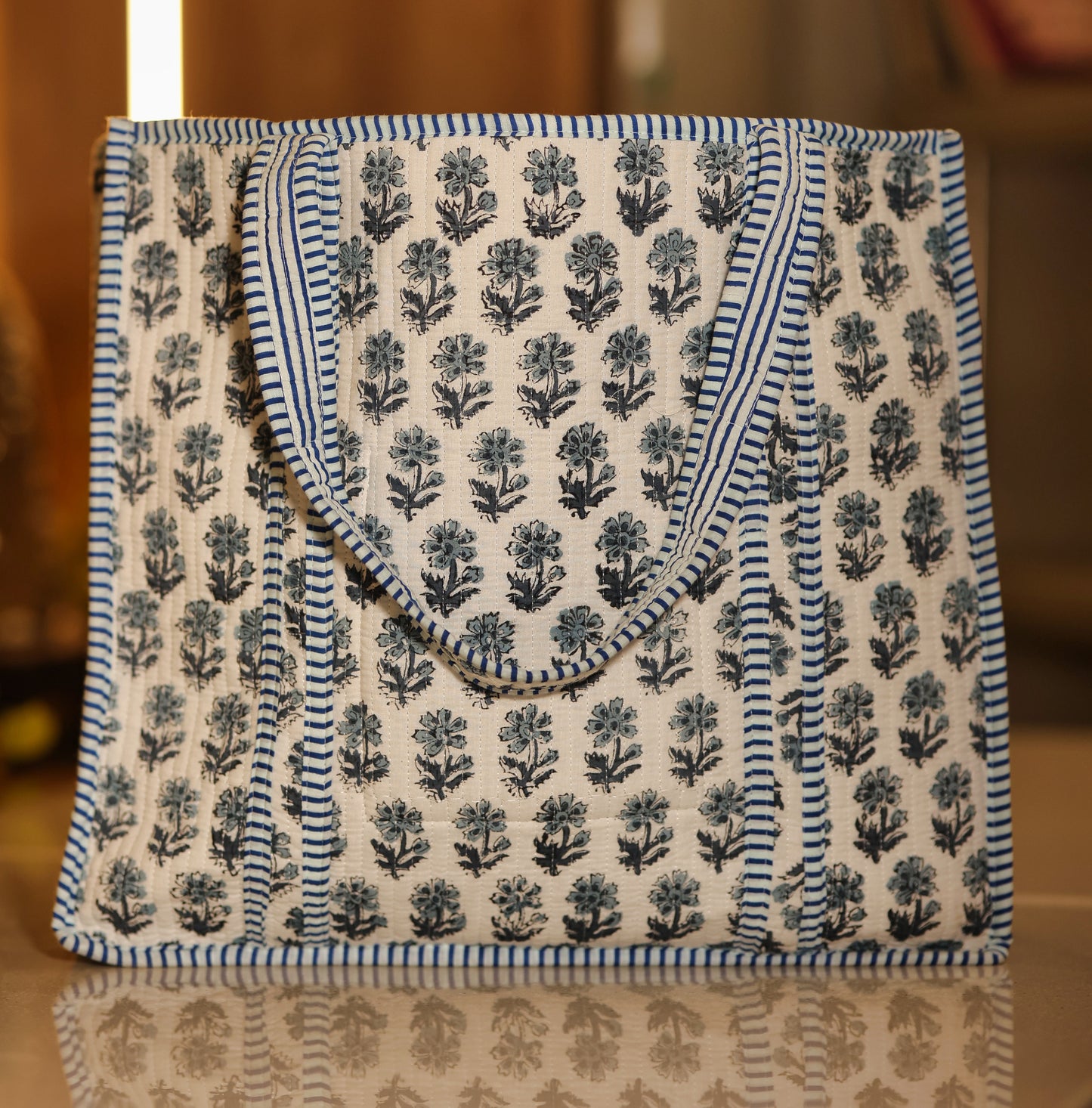 White and blue canvas tote